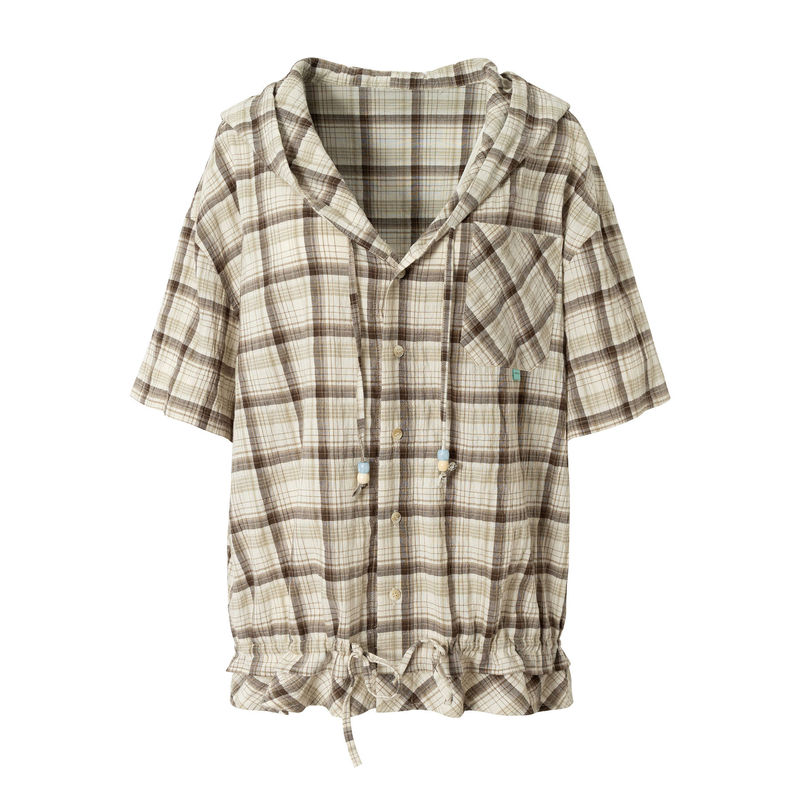 Wholate American-Style Green Slightly Wrinkled Hooded Drawstring Plaid Short-Sleeve Shirt for Men and Women 2026 Summer Niche Top