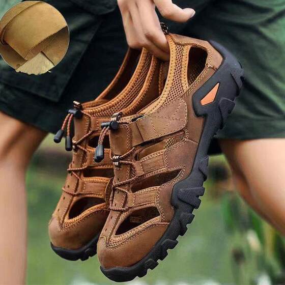 Leather Sandals Outdoor Beach Shoes Hollow Foreign Trade Men's Shoes New Summer Baotou Anti-collision Wading Shoes Breathable Casual Shoes
