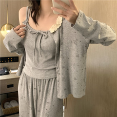F7783 3点セット 胸パッド付き(モダール) 春秋サスペンダー長袖パジャマ レディース