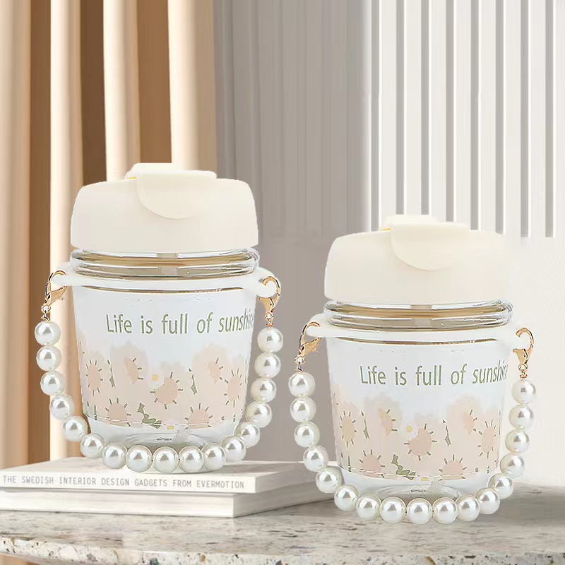 High-looking ins style pearl chain sunflower double drinking straw cup home office small fresh portable glass water cup