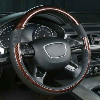 Universal Car Steering Wheel Cover, Non-Slip, Breathable, Carbon Fiber, Peach Wood Grain, Nappa Leather, Four-Season Handlebar Cover, Amazon Cross-Border (Steering wheel cover) - carbon-fiber-black-curry-38cm