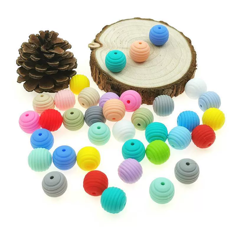 亚马逊15MM硅胶散珠螺纹珠diy配件蜂巢珠珠圆珠牙胶热卖设计磨牙