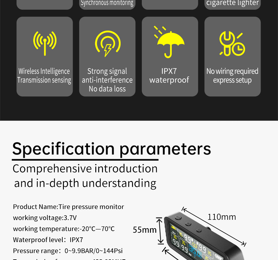T18 Car Tire Pressure Monitor Solar Wireless Charging High Precision 4inch with In-Car Ambient Temperature Function