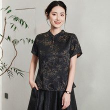 2025夏季新款香云纱上衣女新中式国风妈妈复古桑蚕丝真丝短袖衬衫