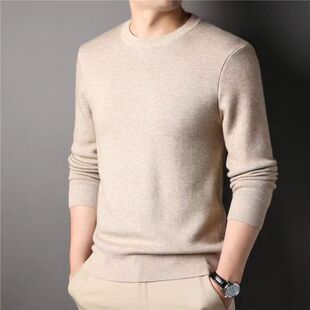 2025 Autumn/Winter New First-Line Ready-To-Wear Seamless 100% Wool Sweater for Men, Solid Color Pullover Crew Neck Business Base Shirt