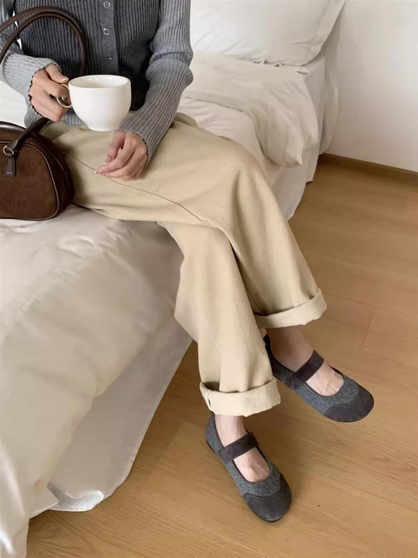 小香风平底毛毡玛丽珍鞋女浅口单鞋2025春秋软皮魔术贴豆豆鞋芭蕾|undefined