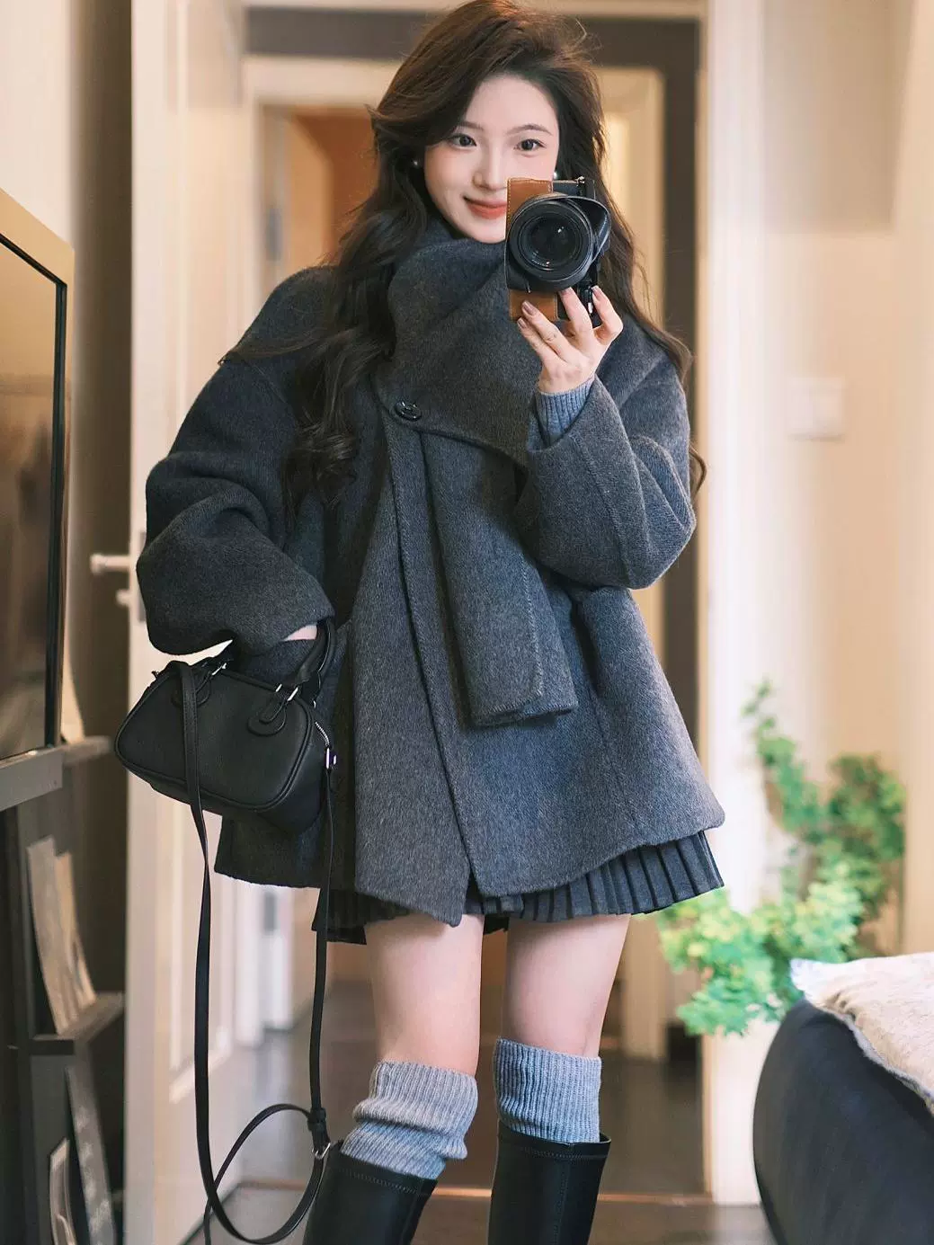 Расширенный шарф двухсторонний твидовый короткий пиджак для весны 2025 новый маленький человек с косой пряжкой свободный двухсторонний кашемировое пальто