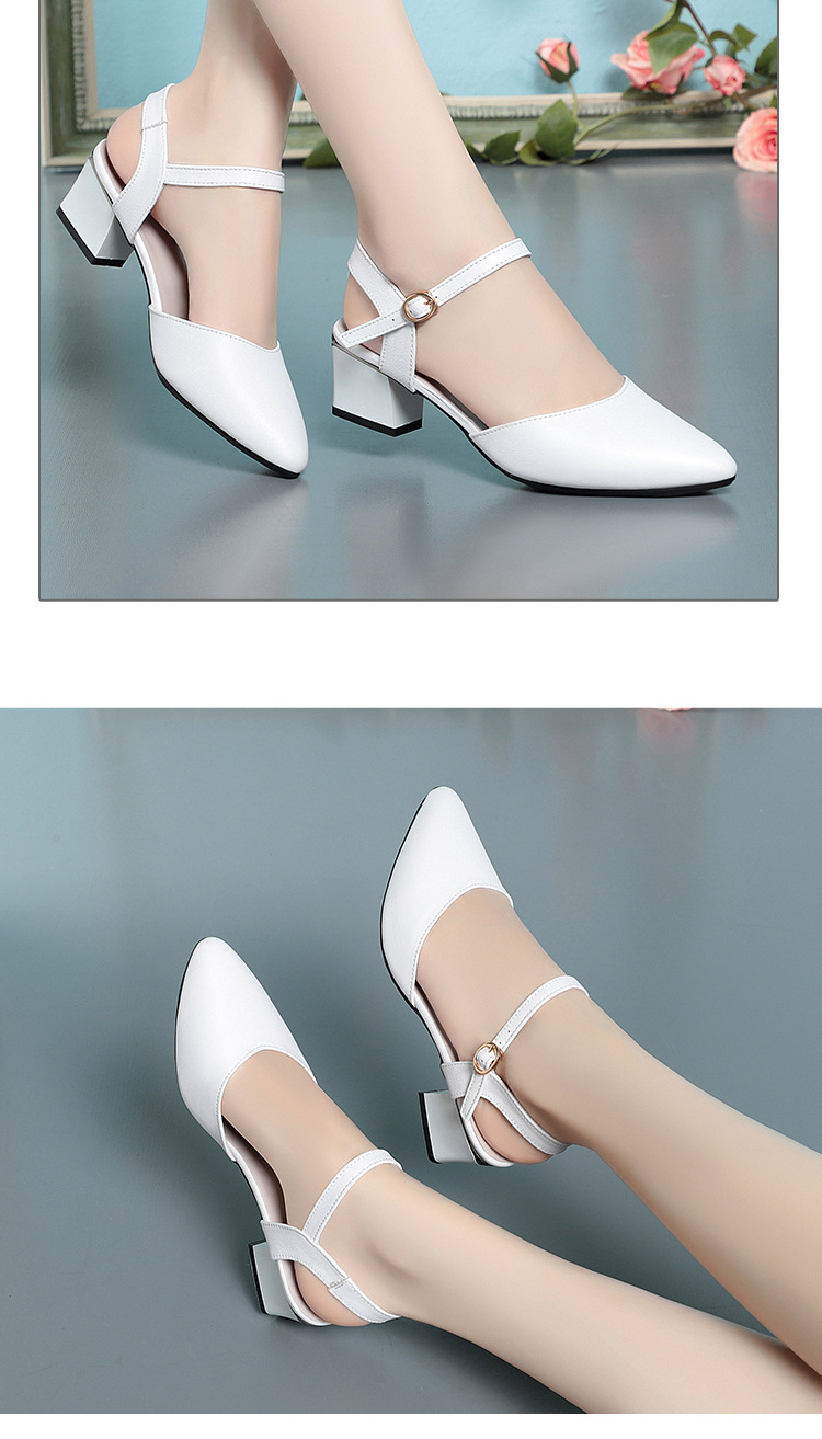 Sandal cao gót nữ mũi nhọn bít mũi da thật gót thô — Màu trắng chi tiết 12