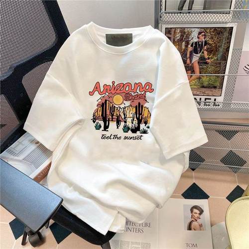 Factory Wholesale Port Style Floral Crew Neck Short-Sleeve T-Shirt for Men and Women, Unisex Trendy Matchy-Fit Casual White T-Pair