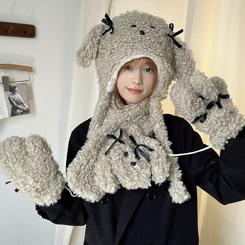 Lazy Holiday~Shop/Teddy Hairy Cartoon Cute Gloves Hat Scarf 3-Piece Set for Autumn and Winter Warmth_voghion.com