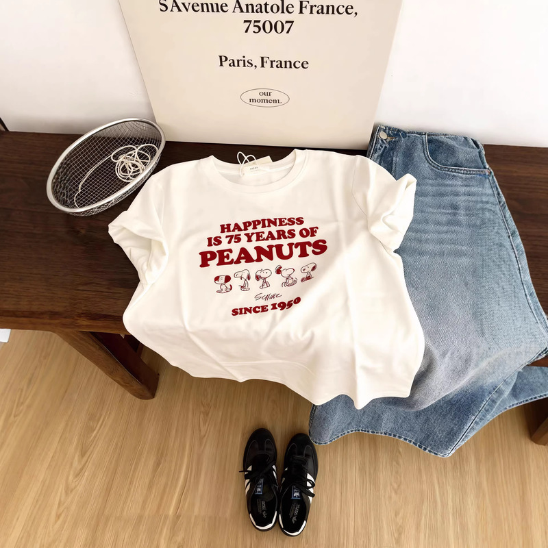 2026 Spring and Summer New Korean Style Retro Snoopy Simple Round Neck Short-Sleeved Right-Shoulder T-Shirt Loose Top for Women