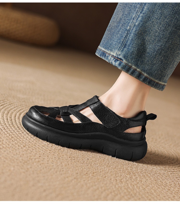 Sandal nữ đế dày da cừu phối quai ngang phong cách học đường — màu đen, màu trắng ngà chi tiết 12