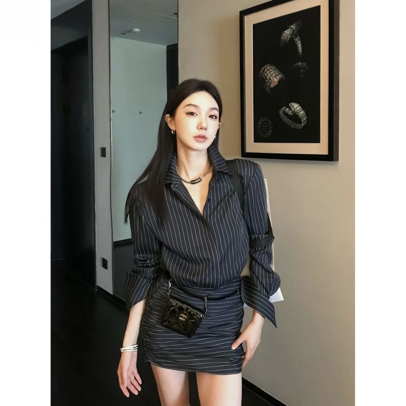 条纹长袖衬衫连衣裙女春季新款收腰修身显瘦复古包臀裙子香云纱|undefined