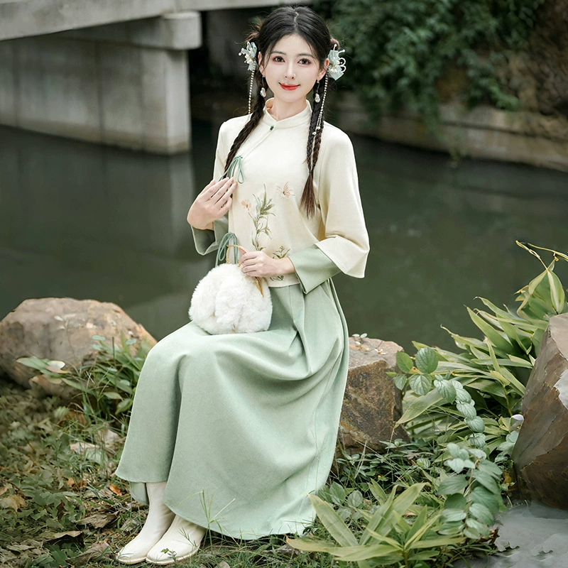Ethnic long-sleeve, skirt, set, Chinese style, ethnic style, with embroidery