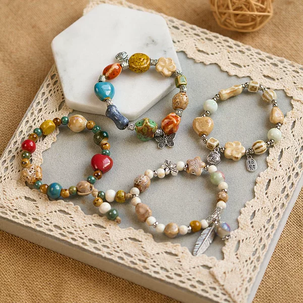 Jingdezhen Ceramic Bracelet, Three Strands for Ten Yuan, Cultural Toy Bracelet Jewelry for Women, Five-Color String for Dragon Boat Festival, Travel Souvenir