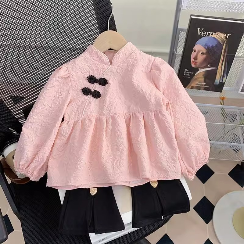 Girls' Spring 2025 New Style Chinese Style Autumn Top Retro Chinese Short Tang Dress with Folded Buttons
