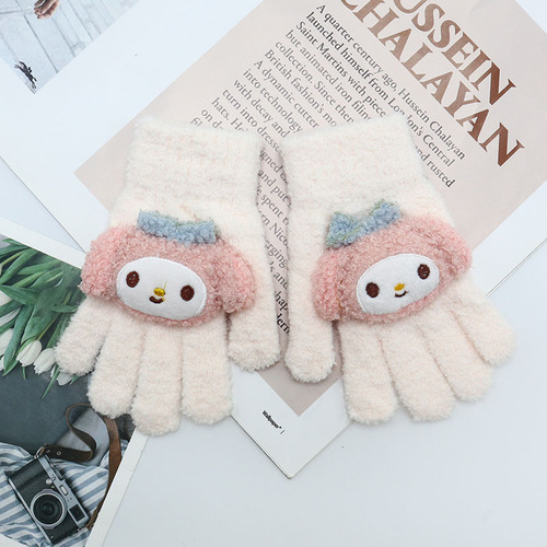 Melody Children's Cartoon Gloves, Warm and Cute Princess Fleece Warm and Cold Five-Finger Glove, Thickened for Girls in Winter