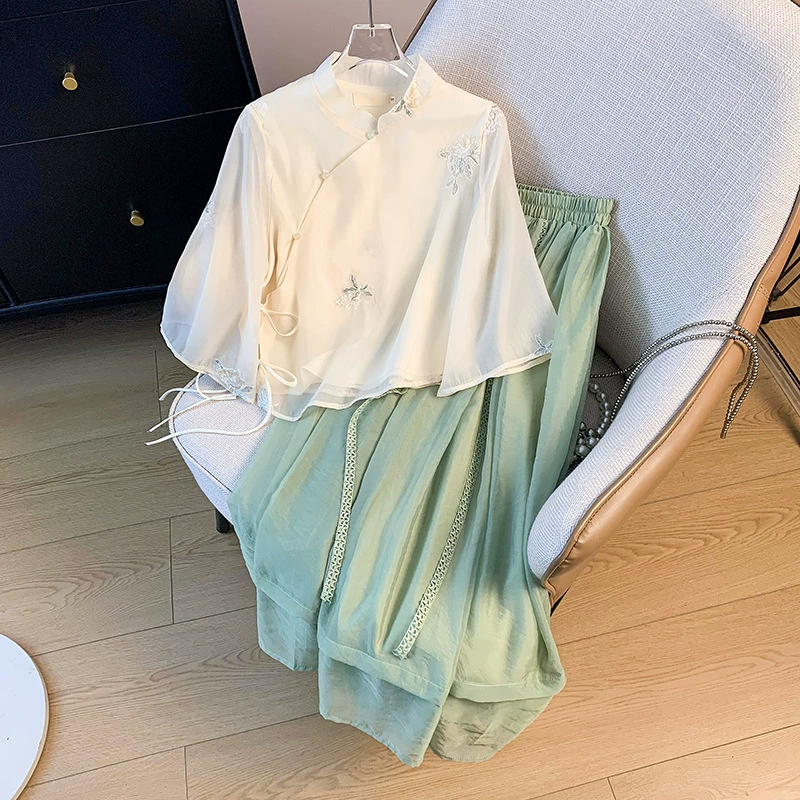 Реальная съемка нового китайского стиля Hanfu вертикальный воротник с диагональной планкой с короткими рукавами вышитый топ улучшенный национальный костюм юбки