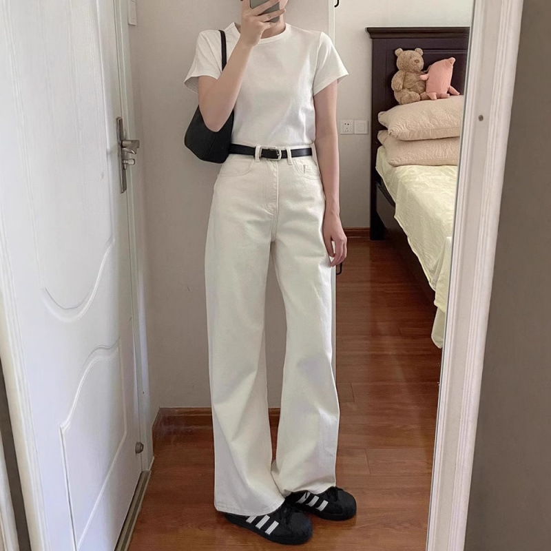 Online Supermarket Hot-Selling White Jeans for Women, Wide-Leg Loose Fit, 2025 New Style, Petite Narrow Straight Pants for Summer