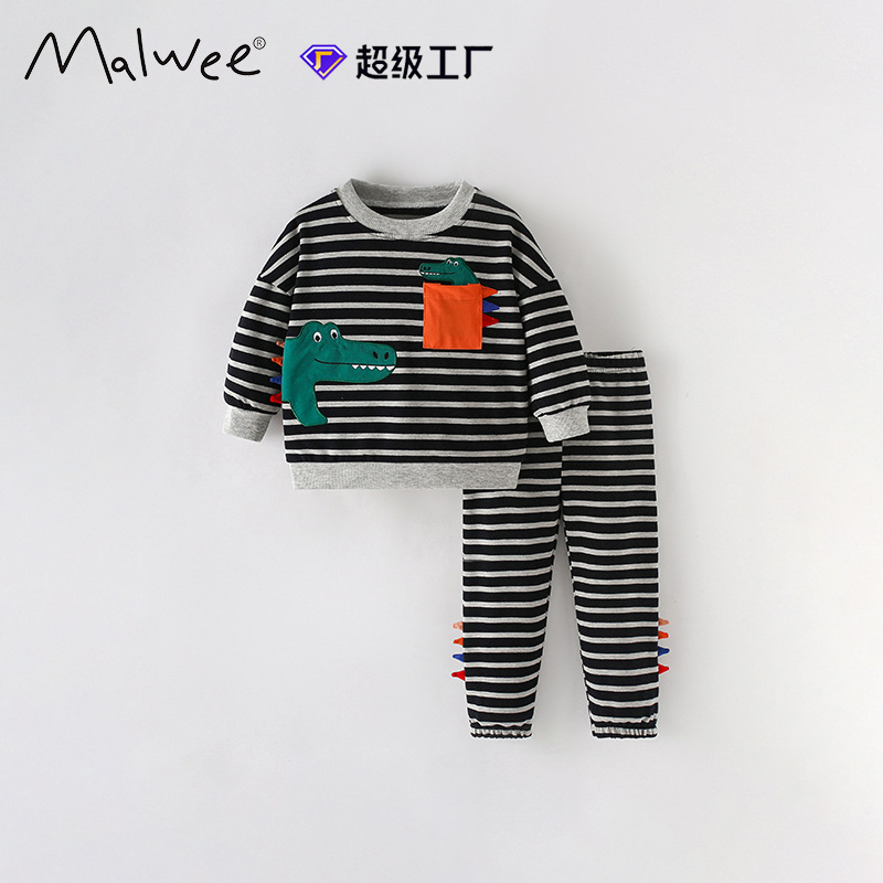 Malwee Boys Sweater Set Otoño Invierno guapo camiseta de cuello redondo a rayas para usar pantalones de cintura elástica set de dos piezas