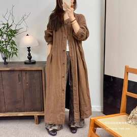 2025秋韩版宽松文艺砂洗亚麻立领长款双层风衣外套百搭休闲上衣女