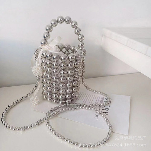 French heavy industry lady pearl handbag handmade beaded crossbody bag finished summer mobile phone bucket small bag
