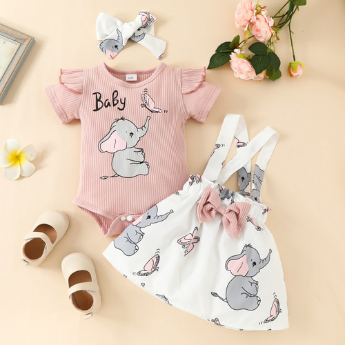 Amazon baby girl strap dress set, girl baby track pants elephant print T-shirt strap animal print dress trendy
