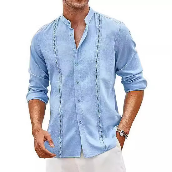 Cross-border European and American Amazon Men's Cuban Style Casual Button Summer Beach Vacation Cotton Linen Shirt Collar
