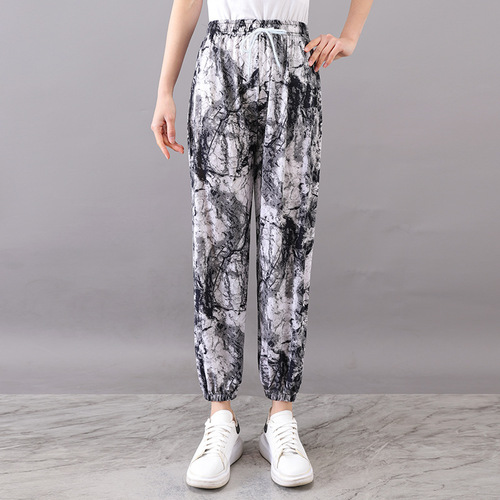 Cross-border best-selling summer women's ice silk pants for middle-aged and elderly loose casual home pants with elastic and thickening for square sports