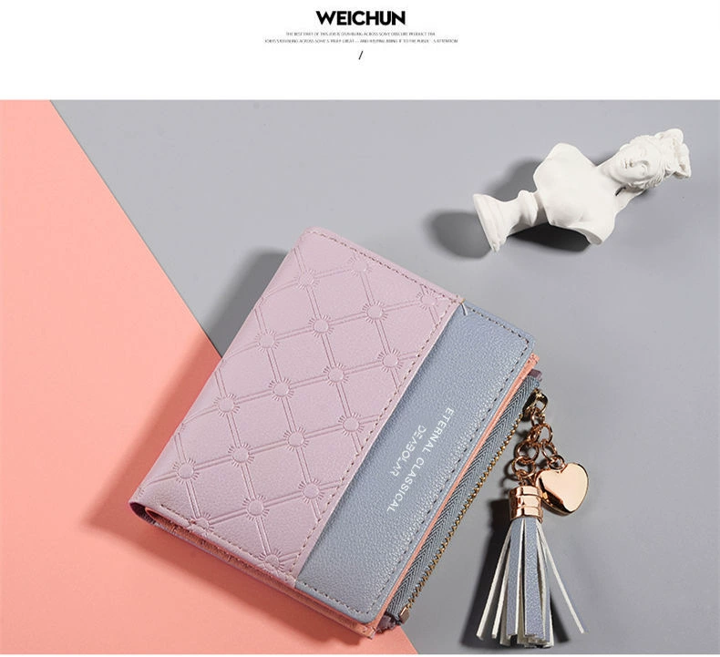 Short leather folding wallet, Korean style, contrasting stitching, zipper coin pocket, multi‑card