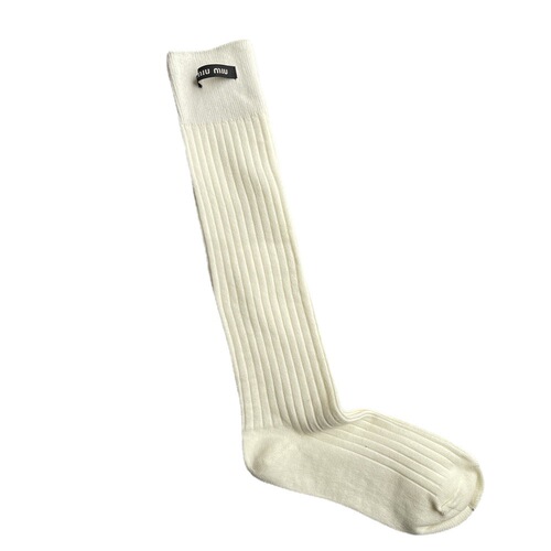 Trendy brand M woven label solid color double needle wide strip mid-length women's socks catwalk stockings pile socks