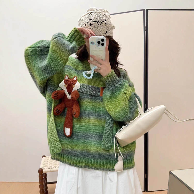 Forest Style Gradient Color Stripesd Fox Pullover Sweater for Women 2025 Autumn and Winter New Loose Lazy Style Knitted Jacket Trendy