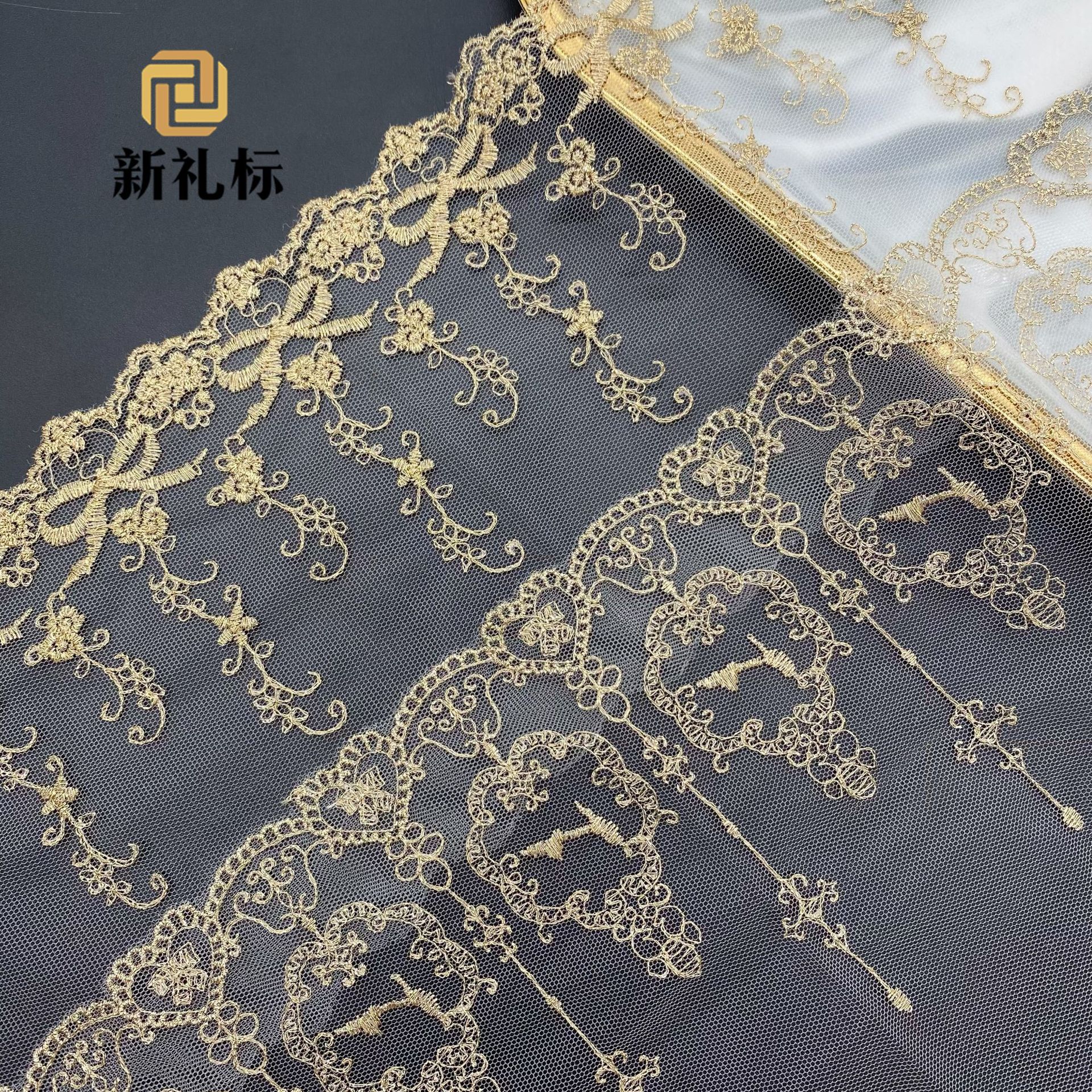辅料花边 金线网纱蝴蝶结宽花边lace fabric蕾丝刺绣网布条码花边