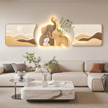 大象客厅装饰画现代简约寓意好三联壁画奶油风沙发背景墙挂画带灯