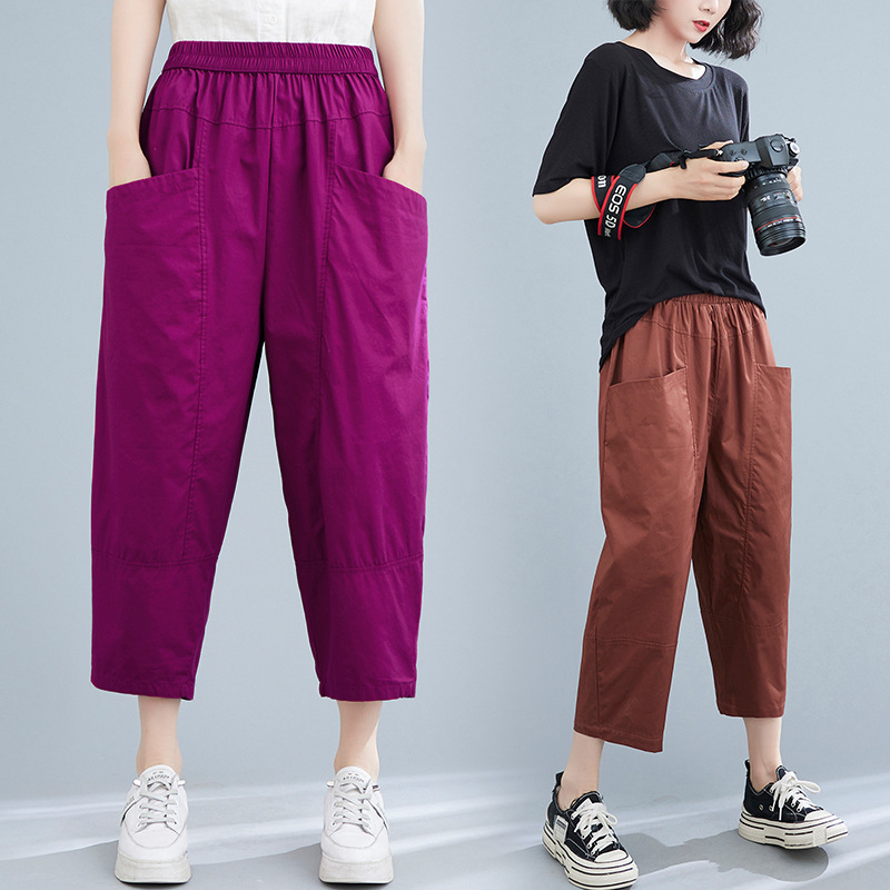 Foreign Trade Export Large Pocket Capri Pants Harlan Pants Summer Slim Cotton and Linen Pendant Casual Radish Pants Women's Trendy Pants