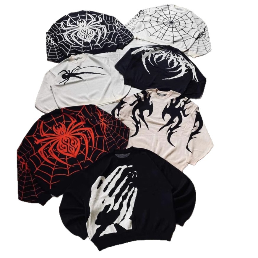 Suéter de Hombre Estilo Gótico Oscuro con Diseño de Telaraña, Estilo Europeo y Americano, Holgado, Cuello Redondo