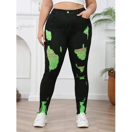 Denim Trousers High Waist Ripped Contrast Color