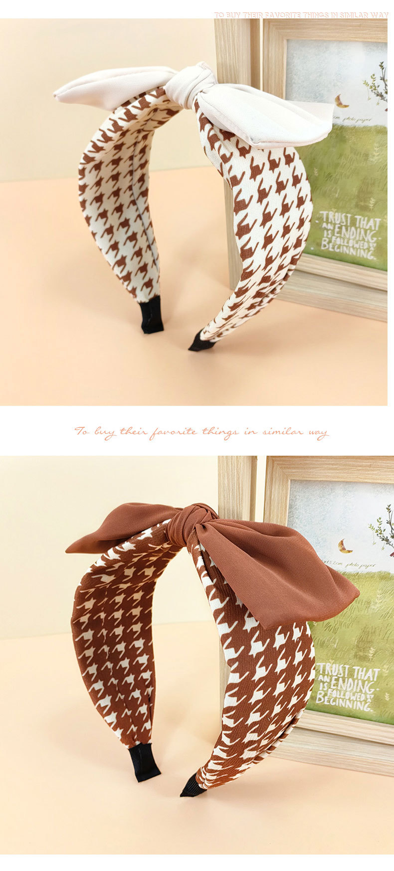 Korean Fabric Wide-brimmed Bow Headdress Houndstooth Rabbit Ears Headband display picture 5