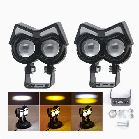Cross-Border Led Motorcycle Headlight Spotlight with 2 Lights, White and Yellow Dual-Color Devil Eye Modified Light, High and Low Beam, High Brightness