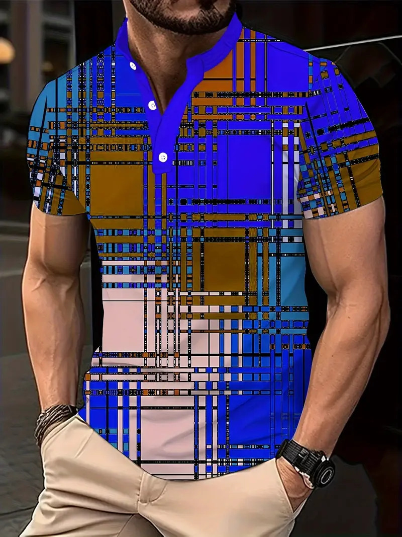 Nuevo estilo transfronterizo de verano 3d geométrico cubo estampado cuello alto botón de manga corta polo playa casual ME13