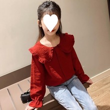 女童衬衫2023春装新款中大童娃娃领红色衬衣灯芯绒上衣儿童长袖潮