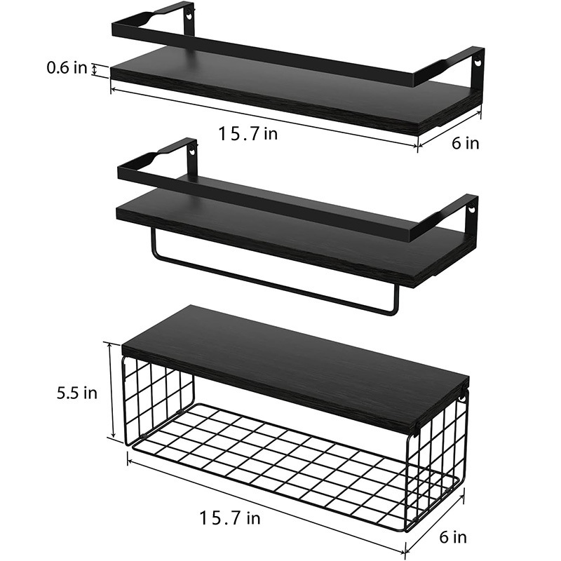 Estante de almacenamiento montado en la pared estante flotante con canasta de almacenamiento estante de baño de madera estante de almacenamiento de tejido de baño en stock