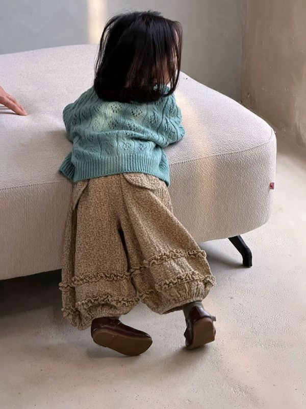 韩系春秋季新款女童洋气咖色休闲哈伦碎花裤女宝宝宽松灯笼裤子潮