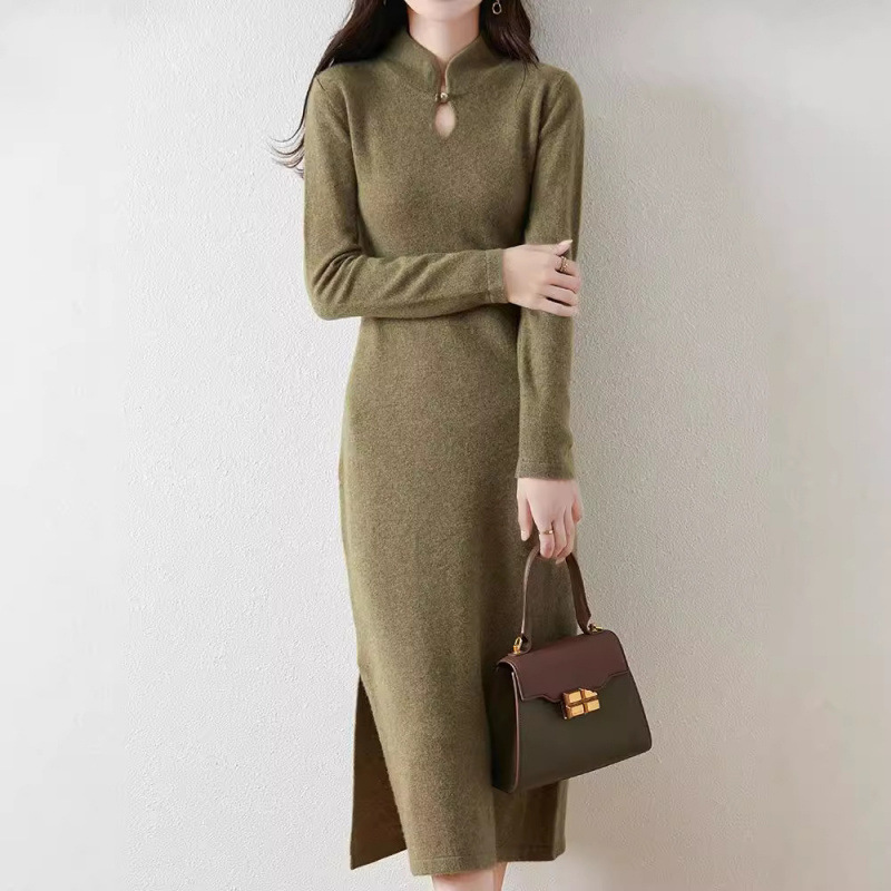 Guofeng Buckle Pure Wool dress Autumn and Winter New Slim-Fit Base Dress New Chinese Style Split Knitted Cheongsam Dress