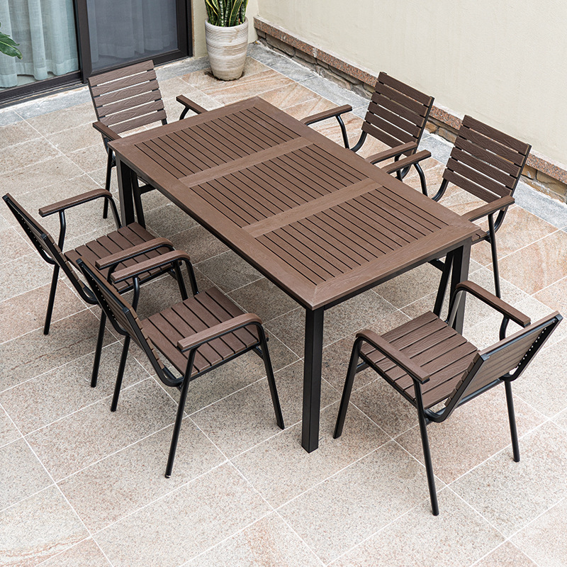 Outdoor Plastic Wood Tables and Chairs, Outdoor Courtyard Open-Air Leisure Dining Table, Waterproof and Anti-Corrosion Wood Balcony Garden Cafe Combination
