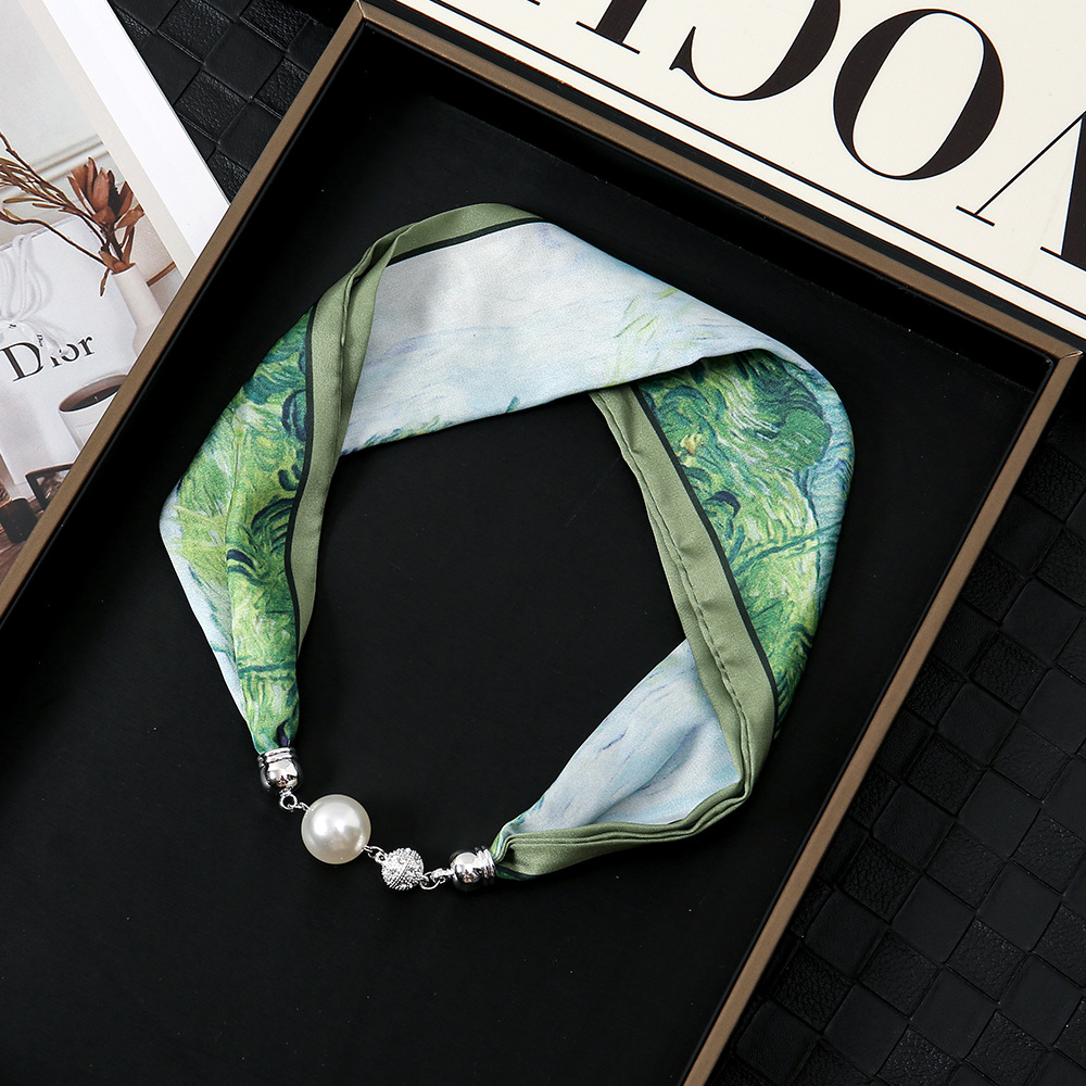 Pañuelo de seda con hebilla magnética de diamantes con incrustaciones de perlas collar mujer retro todo fósforo moda bufanda fina hebilla autocebante babero al por mayor
