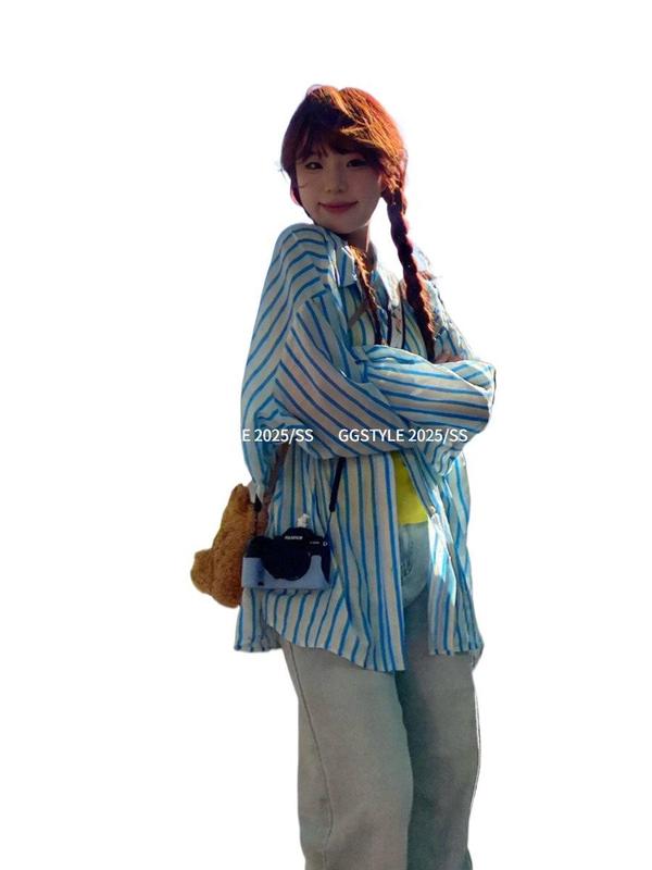 彩色条纹轻薄款防晒衬衫外套女春外搭宽松不可机洗设计感潮流上衣|undefined