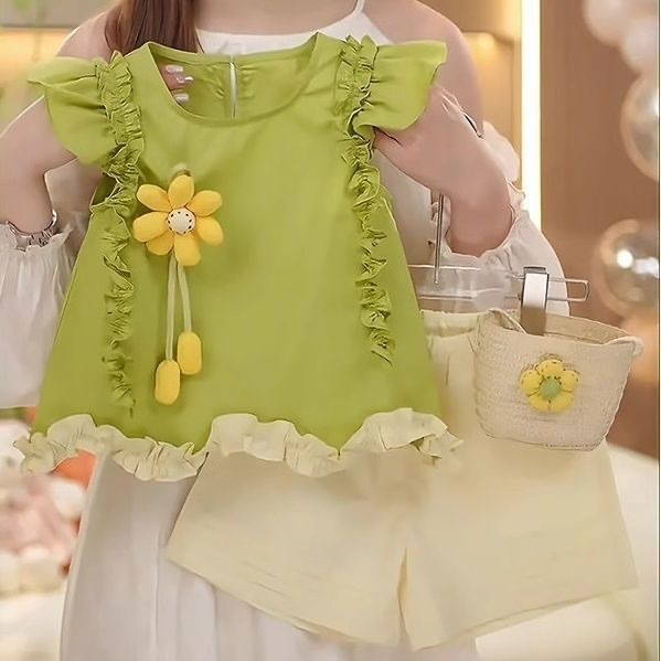 Ruffled Style 2025 New Thin Kidsren's Short-Sleeved Tops Baby Clothes Two-Piece Kidsren's Clothing Women's Summer Suit