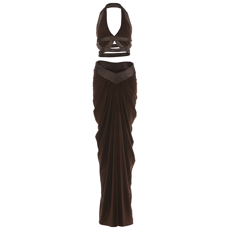 Sexy Neckholder-Crop-Top und figurbetontes Maxikleid-Set für Damen – Stretch-Polyester-Mischgewebe, Rüschen an der Taille und Rückenausschnitt (Kaffeebraun)_voghion.com
