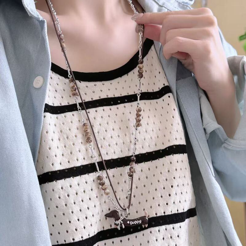 酷潮辣妹字母腊肠狗双层珍珠拼接项链女韩版冷淡风小众个性毛衣链|undefined